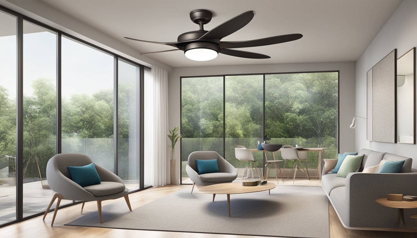 A sleek, modern acorn-shaped ceiling fan rotates silently, providing both performance and efficiency