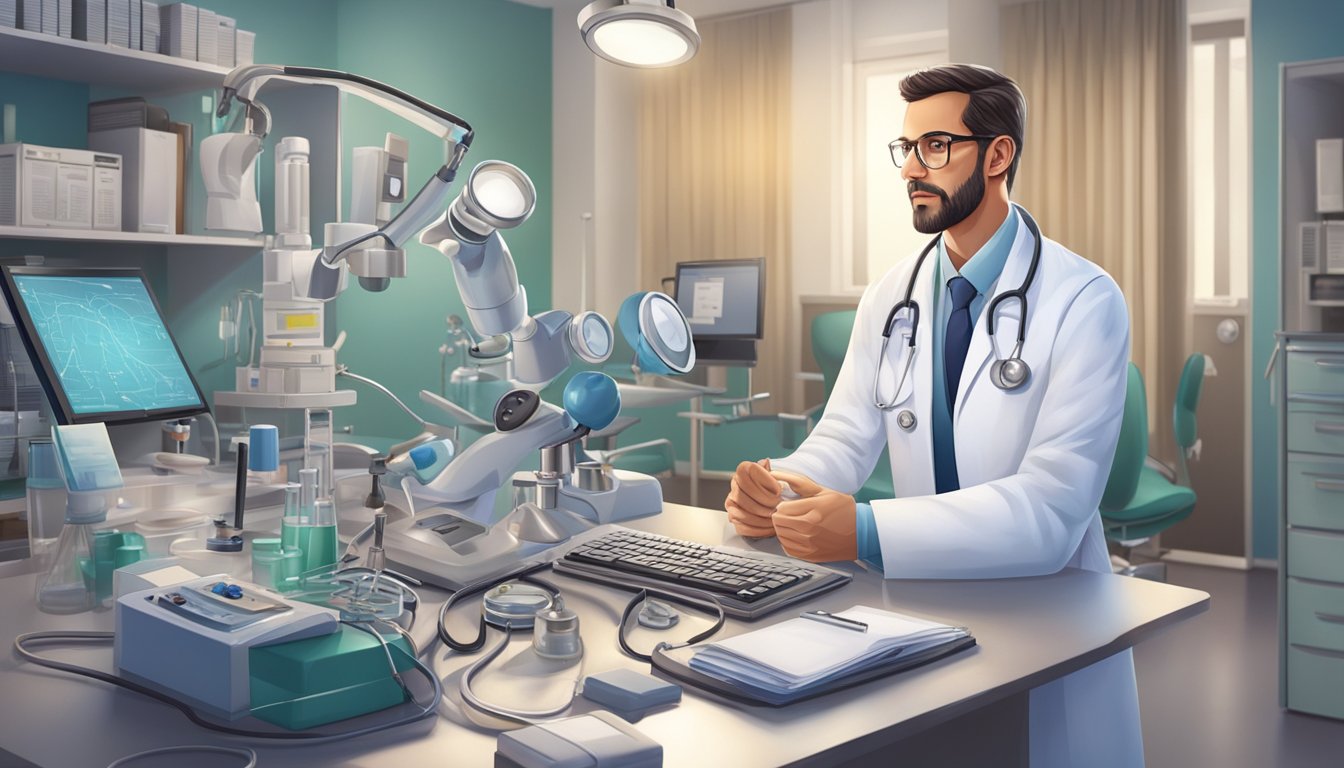 A doctor surrounded by medical equipment, answering questions from patients about internal medicine and cardiology