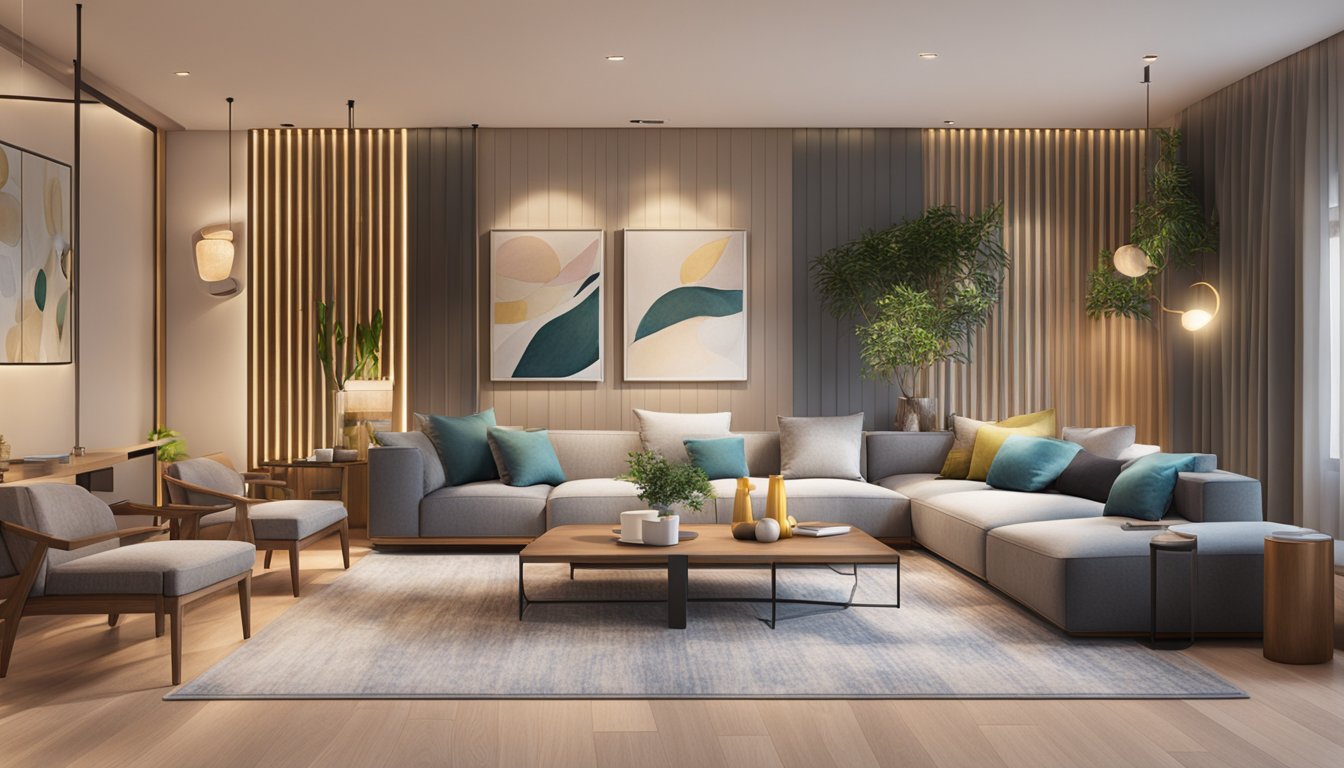 A cozy living room with modern furniture and warm lighting, showcasing the positive client experiences and outcomes of Boon Huat Interior Design