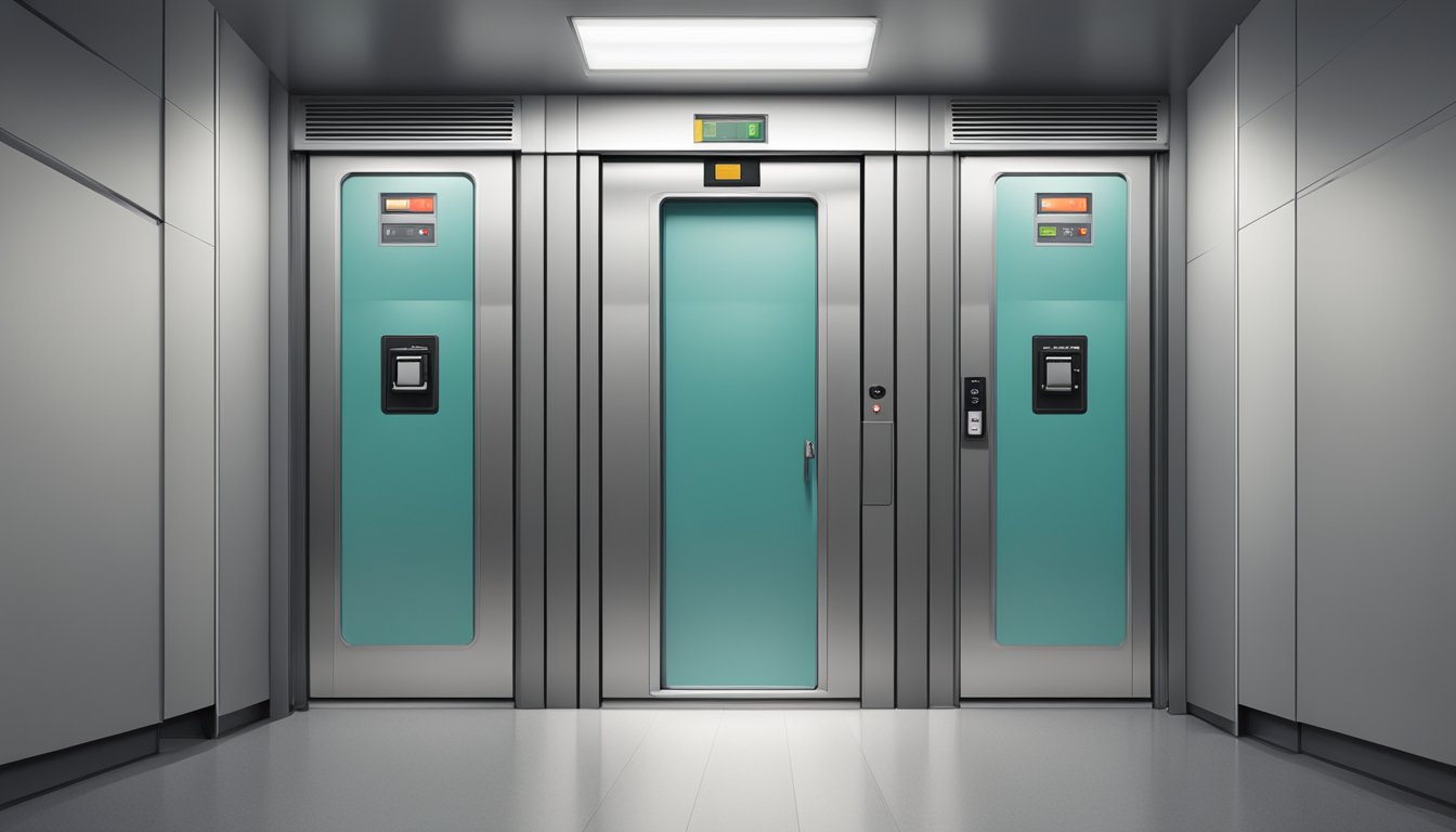 A standard HDB lift, with metal doors and a control panel, stands in a narrow corridor