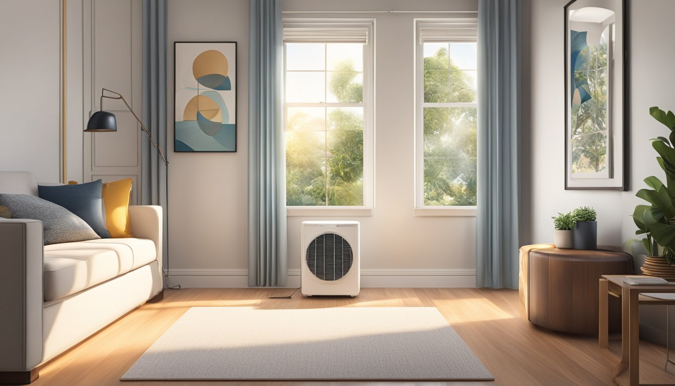 An air conditioner sits on a pedestal, surrounded by a clean and well-organized room. The sunlight streams in through the window, highlighting the sleek design of the unit