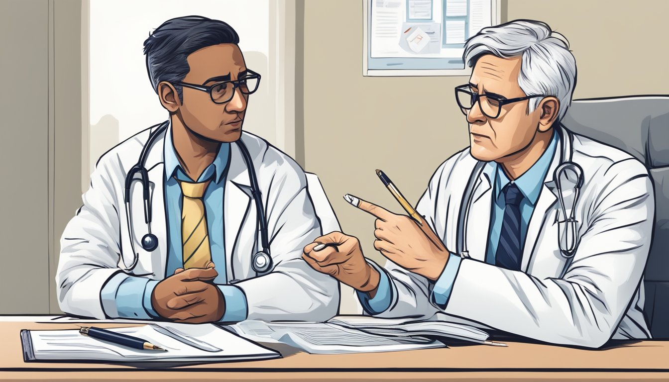A person sitting in a doctor's office, pointing to their chest and wincing in pain, while the doctor listens attentively and takes notes