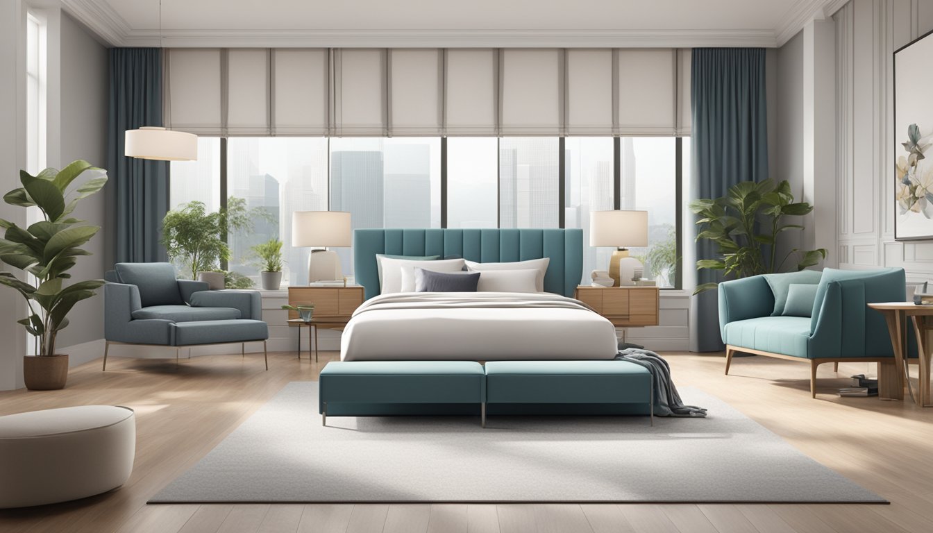 A bright and spacious furniture showroom in Singapore, featuring a variety of stylish and modern bed frames displayed against a clean and minimalist backdrop