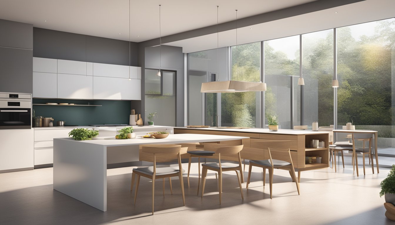 A retractable dining table extends from a sleek, modern kitchen island, surrounded by minimalist chairs and bathed in natural light from a nearby window