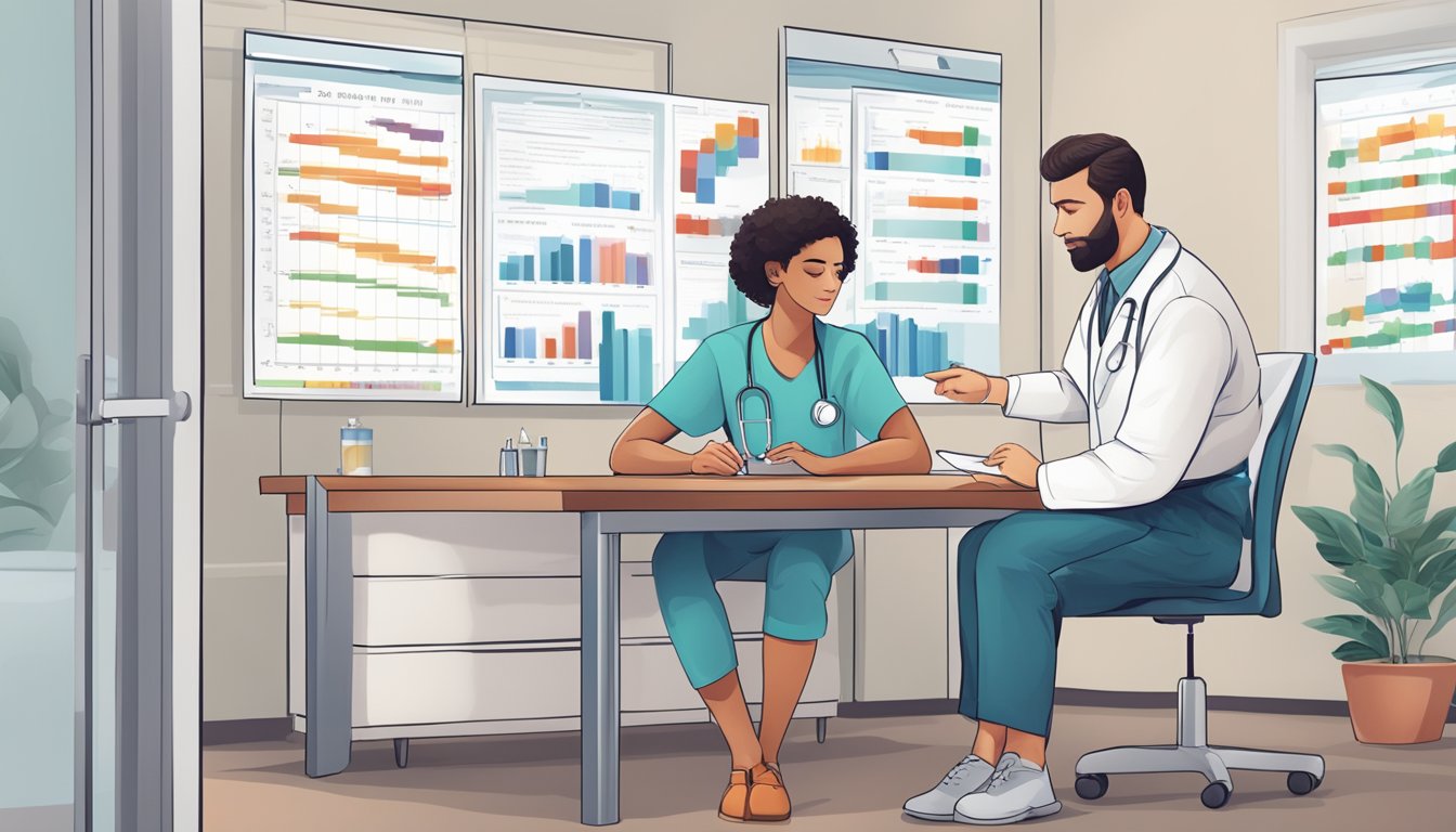 A person sitting in a doctor's office, looking at a chart with different treatment options for periodic heart pain