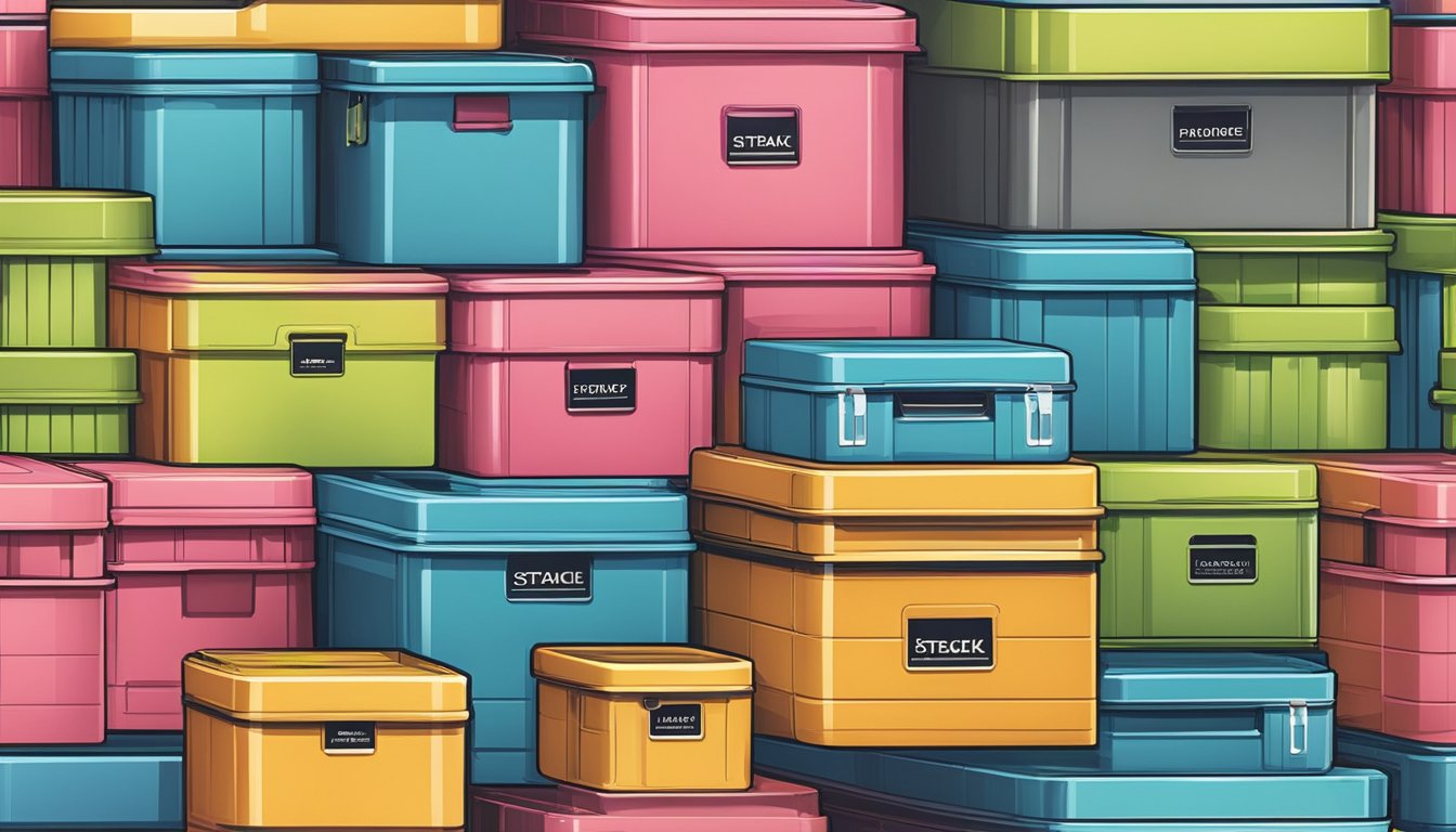 Stackable storage boxes neatly aligned, varying in sizes and colors, with secure lids and sturdy handles for easy stacking and organizing