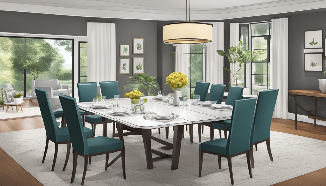 A retractable dining table is shown expanding to accommodate a large dinner party. Its sleek design and modern features are highlighted in the illustration