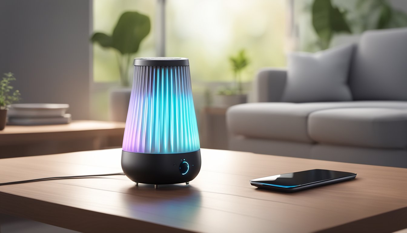 A modern air cleaner sits on a sleek wooden table, quietly purifying the air with its soft LED glow and gentle hum