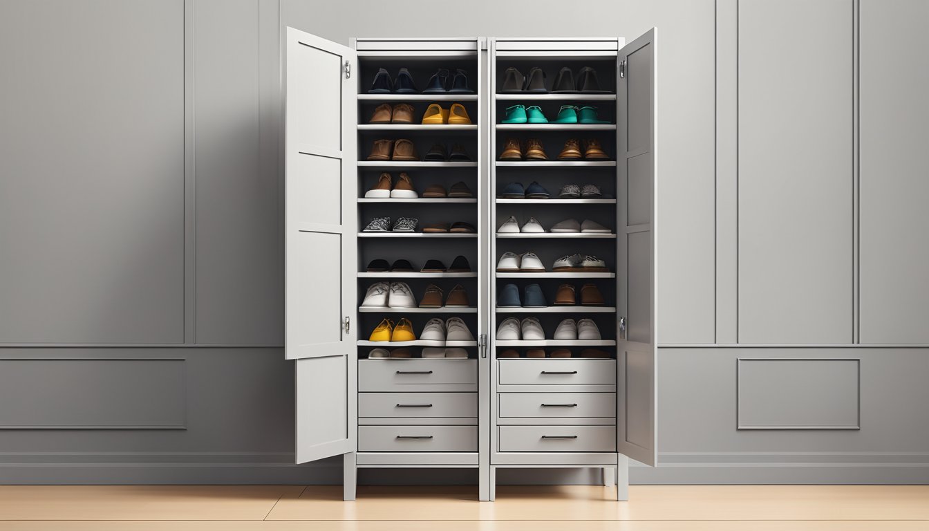 A sleek, modern tall shoe cabinet stands against a clean, minimalist backdrop, showcasing its functionality and style
