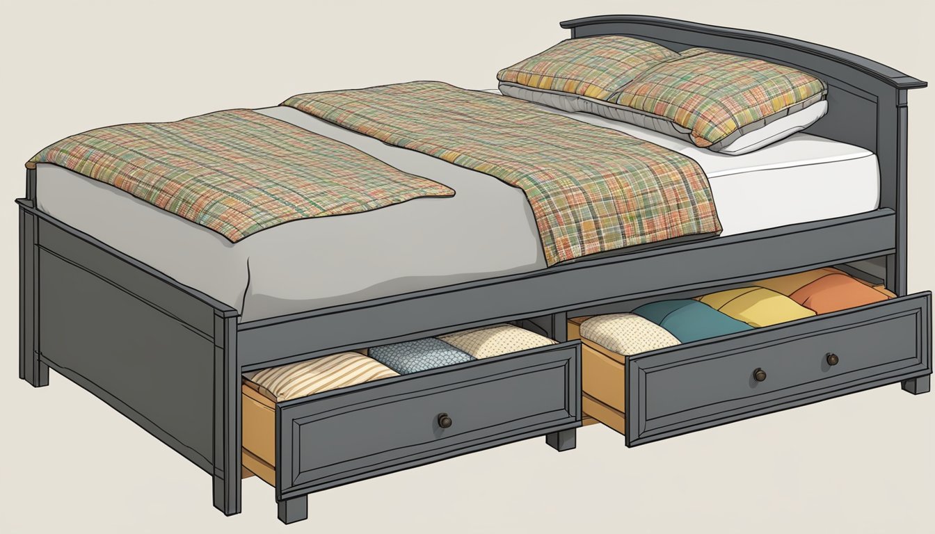 A single bed with built-in storage drawers underneath, neatly made with a patterned quilt and several pillows arranged on top