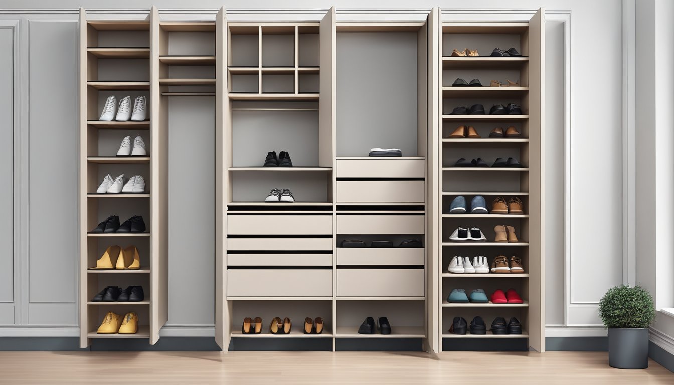 A tall shoe cabinet in a modern, minimalist room. The cabinet is sleek and functional, with multiple shelves and compartments for organizing shoes