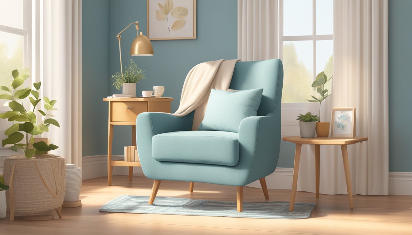 A cozy nursing chair in a sunlit nursery, with a soft blanket draped over the armrest and a side table holding a warm cup of tea