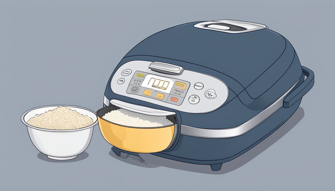 Rice and water poured into rice cooker. Lid closed and button pressed. Steam escapes as rice cooks