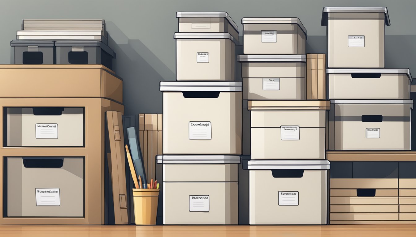 A stack of stackable storage boxes in a tidy and organized home or office setting, with labels and different sizes for versatile use