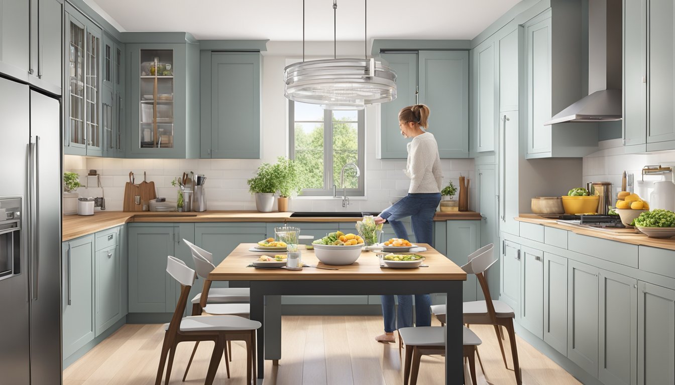 A retractable dining table expanding in a small kitchen, creating space for a family meal