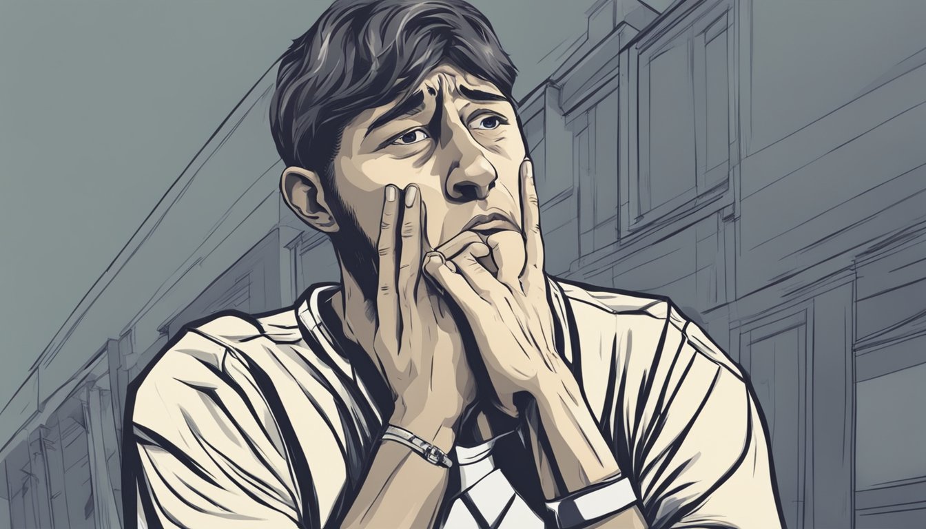 A person clutching their chest in distress, with a worried expression on their face, seeking help urgently