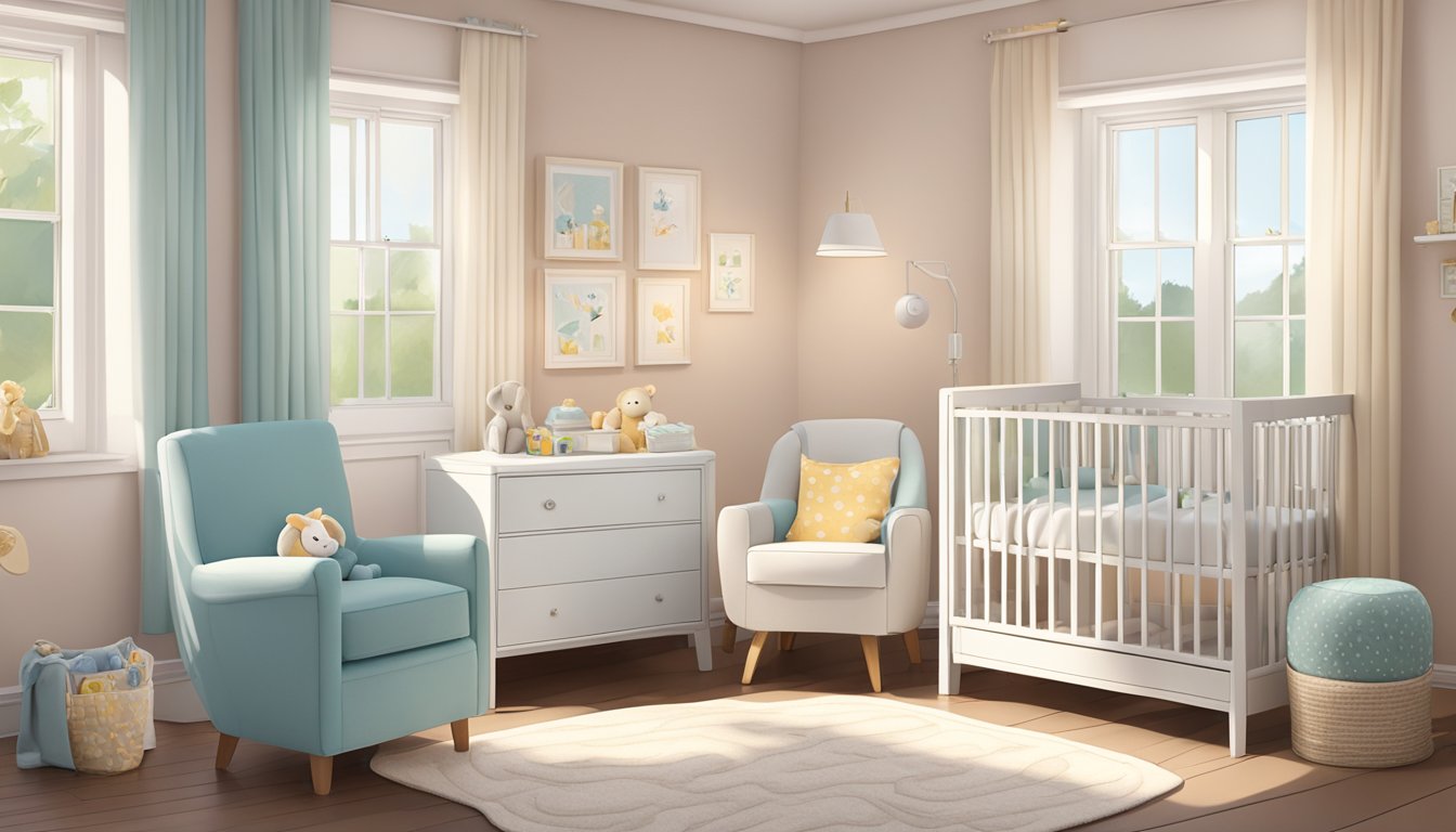 A cozy nursery with a comfortable nursing chair, soft lighting, and a side table for essentials
