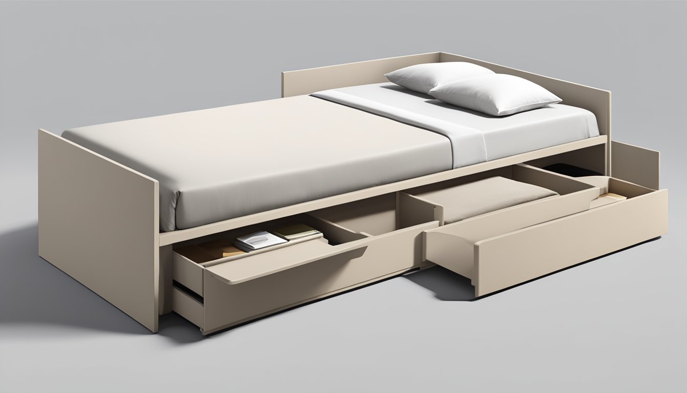 A single bed with storage underneath, featuring a sleek and modern design with clean lines and a neutral color palette. The storage compartments are seamlessly integrated into the bed frame, providing convenient and practical space-saving solutions