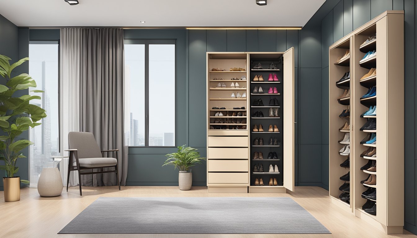 A tall shoe cabinet stands in a modern Singaporean home, neatly organizing pairs of shoes. The sleek design and ample storage space make it a practical and stylish addition to the room