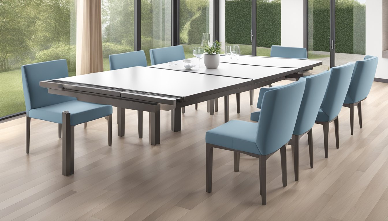 A retractable dining table unfolds from a compact shape, expanding to accommodate multiple diners