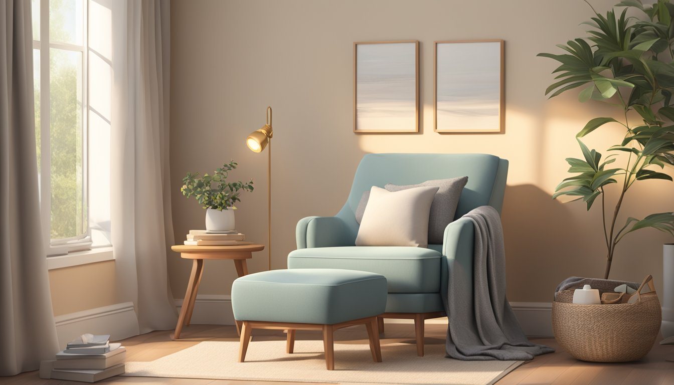 A cozy corner with a comfortable nursing chair, soft pillows, and a side table with a warm lamp in a serene setting