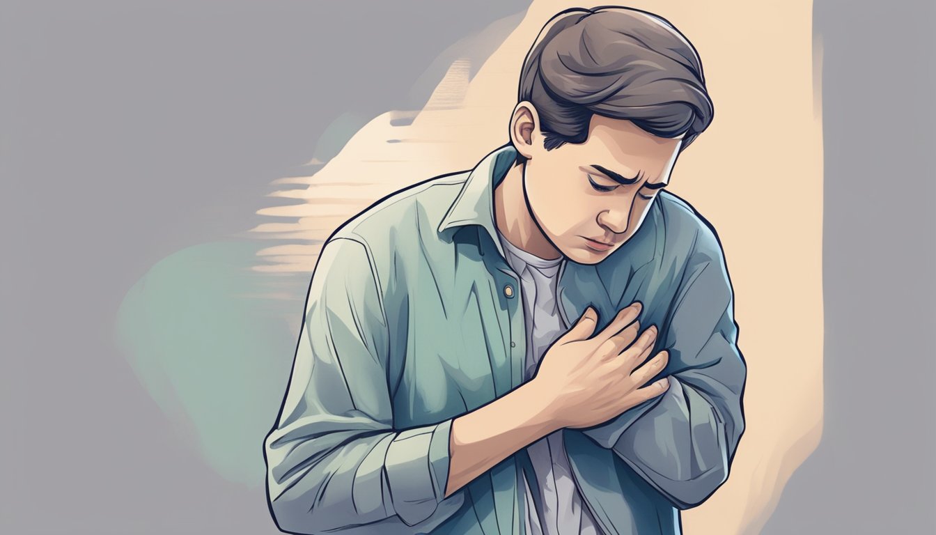 A person clutching their chest in discomfort, with a concerned expression on their face