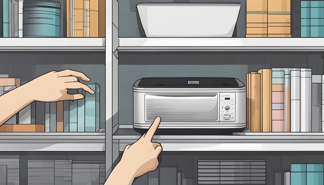 A hand reaches for an air cleaner on a shelf, carefully comparing different models before making a selection