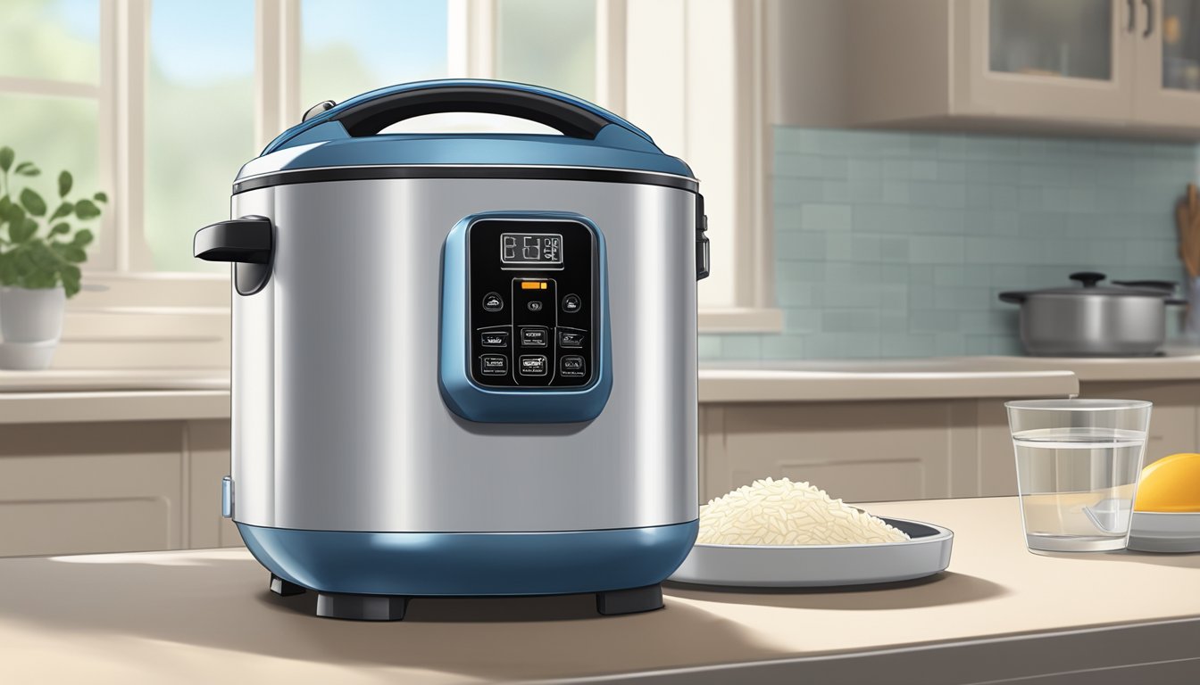 A rice cooker sits on a clean kitchen counter. A measured amount of rice is poured into the cooker, followed by the appropriate amount of water. The lid is closed, and the cooker is turned on