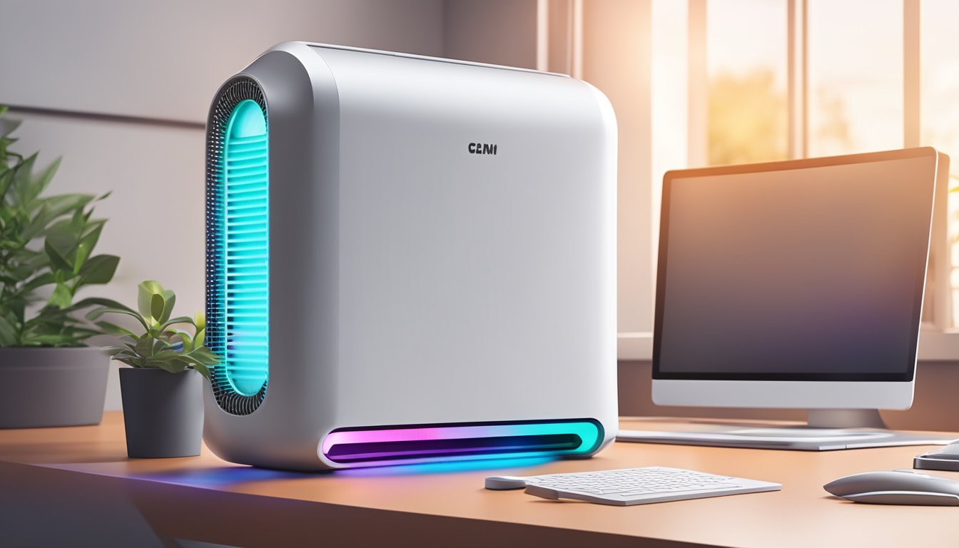 A modern air cleaner sits on a clean, clutter-free desk with a soft glow emitting from its control panel