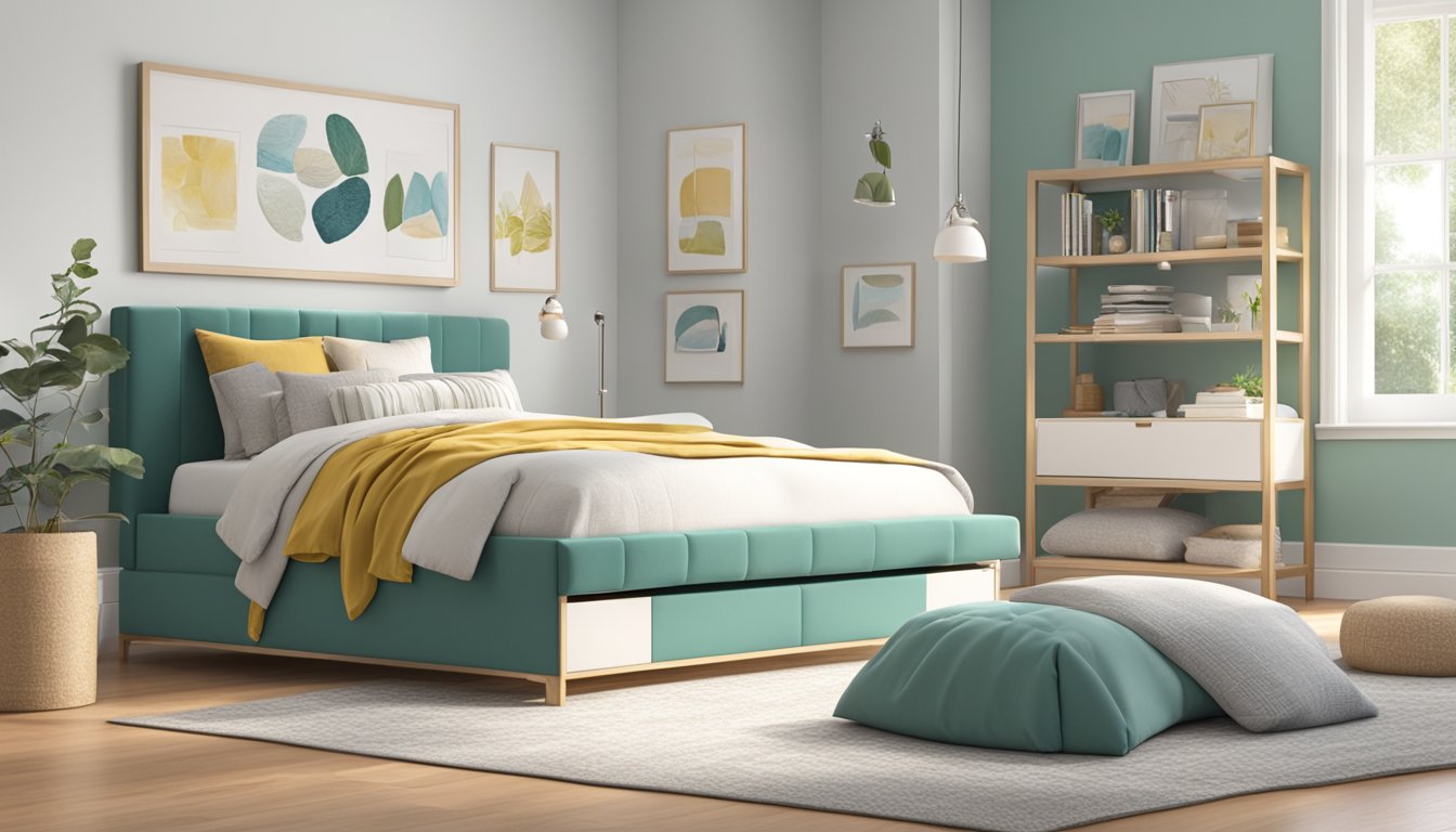 A single bed with built-in storage stands against a bright, airy backdrop. A variety of bedding options and decor accessories are displayed nearby