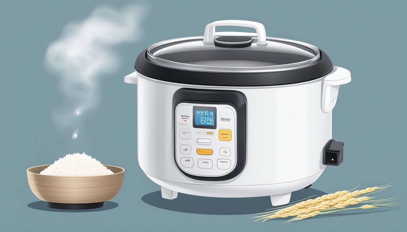 Rice cooker filled with water and rice, lid closed, plugged in, steam escaping, rice cooking inside