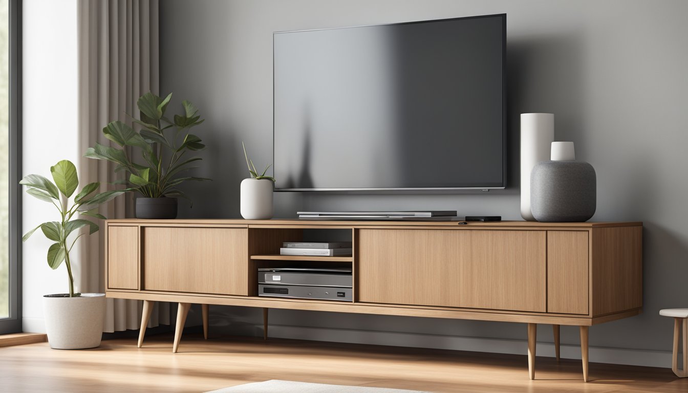 A sleek, modern TV console made of solid wood, sitting in a well-lit living room with clean lines and minimalist decor