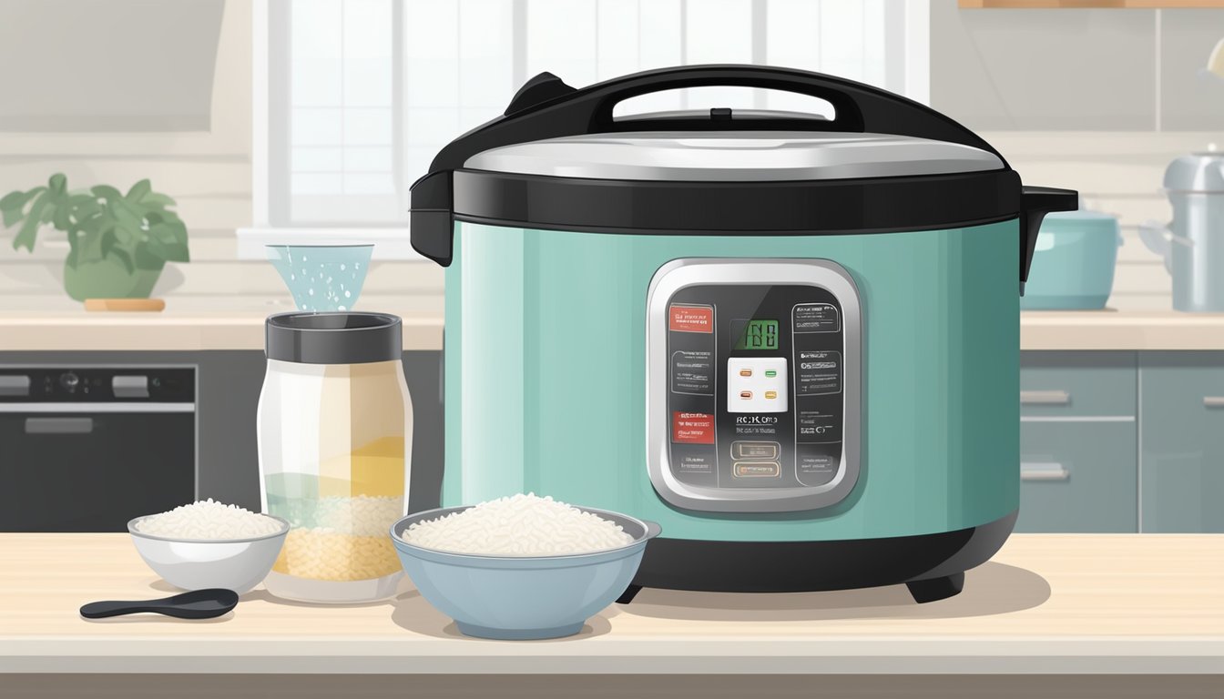 Rice cooker with open lid, filled with water and rice. A measuring cup and rice paddle nearby. Instruction manual on the counter