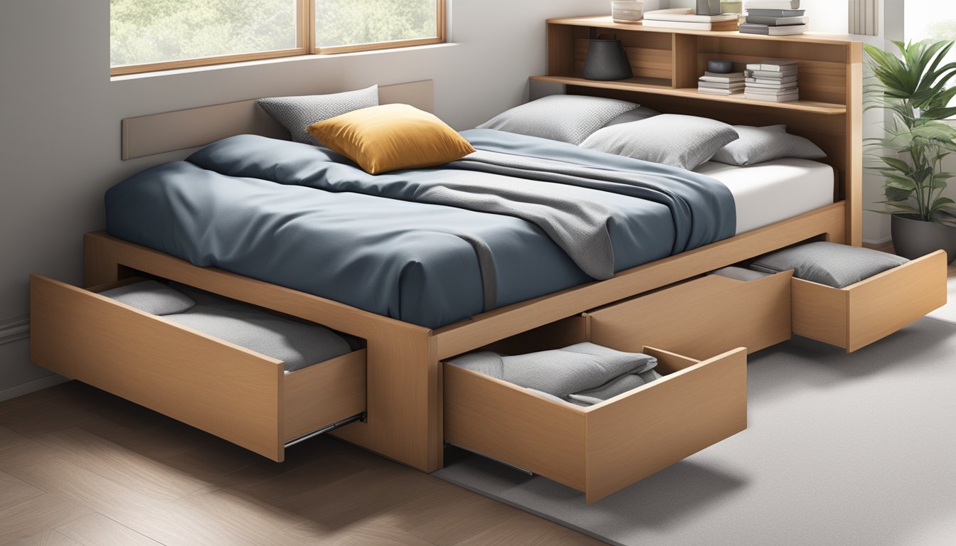 A single bed with built-in storage drawers underneath, neatly organized with bedding and pillows