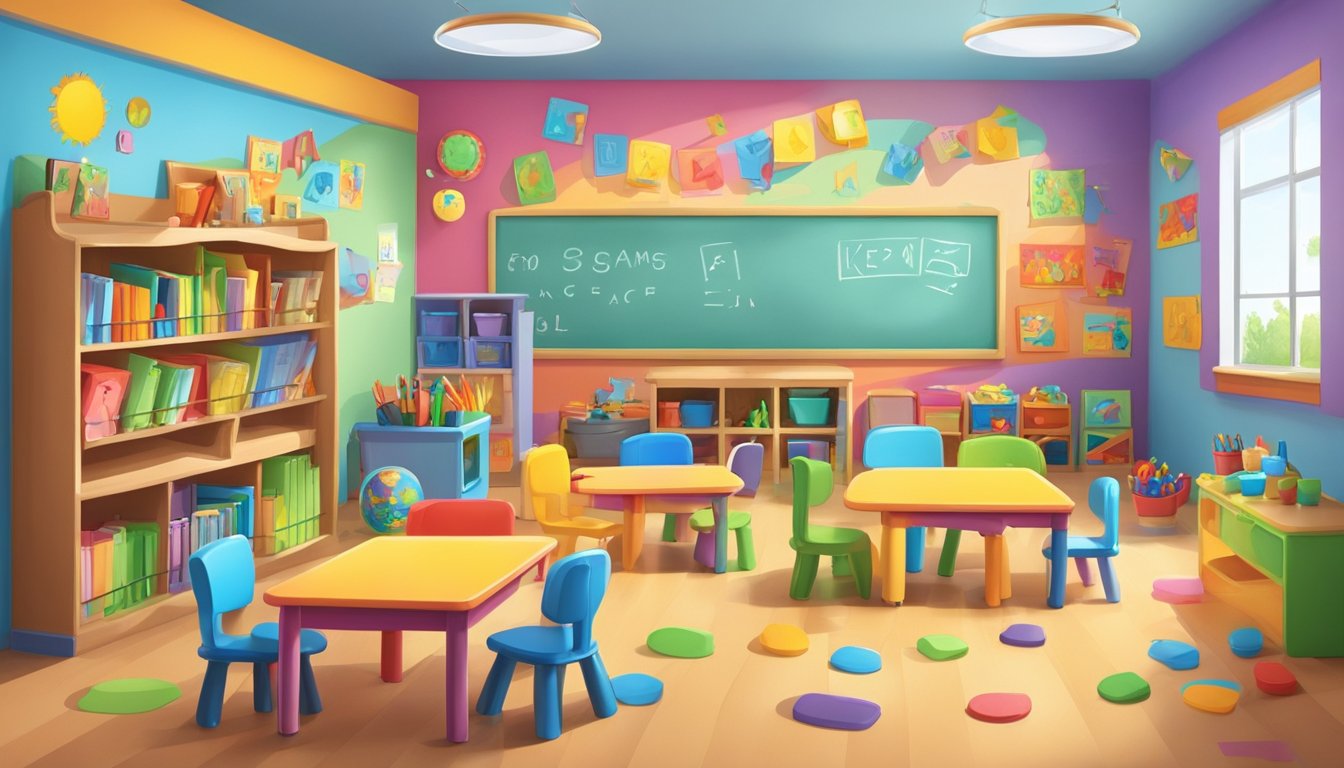 A colorful classroom with small tables and chairs, educational toys, books, and a whiteboard. The walls are decorated with alphabet letters, numbers, and children's artwork