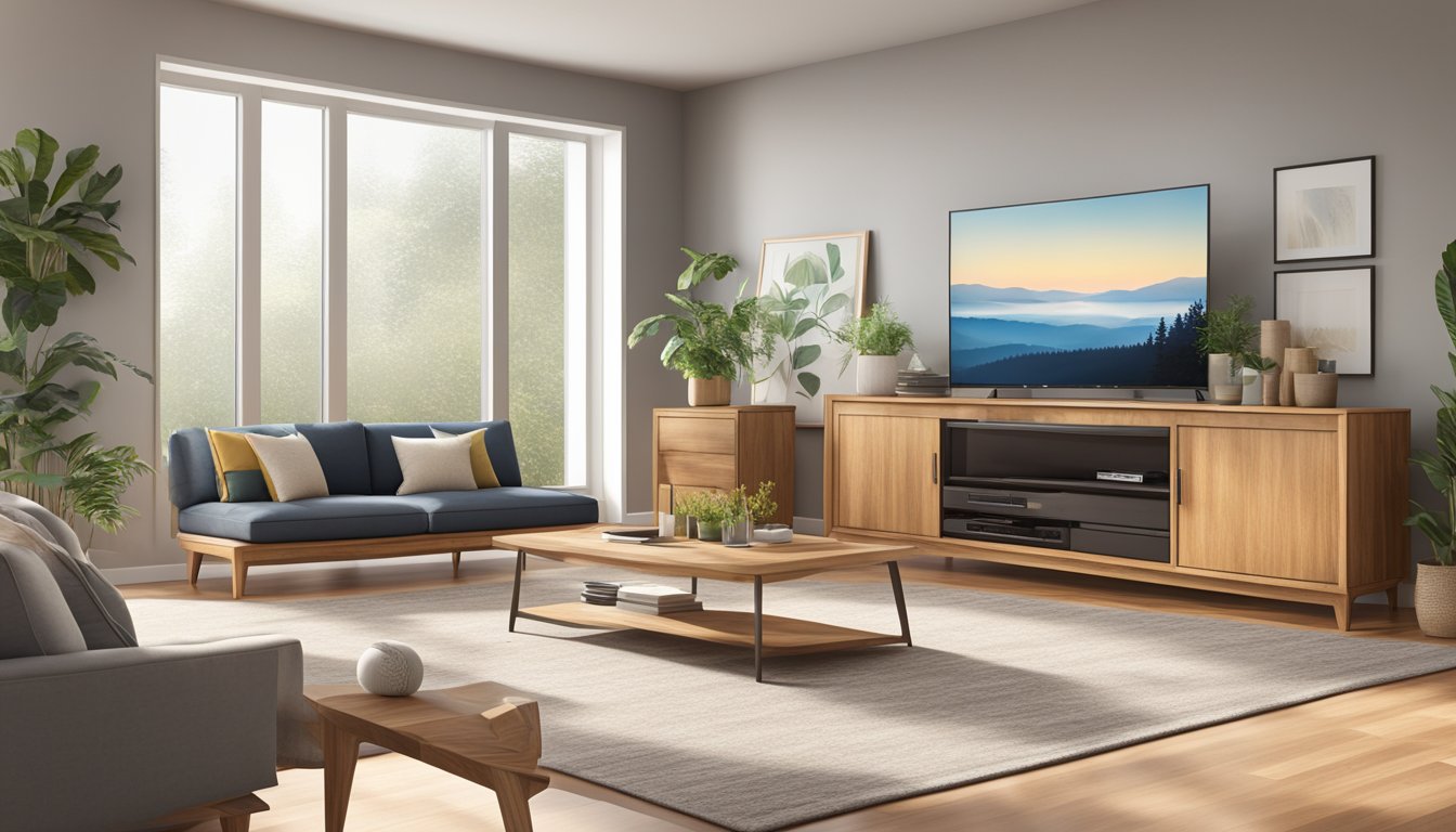A solid wood TV console stands in a warm, well-lit living room. The console features clean lines, natural wood grain, and ample storage space