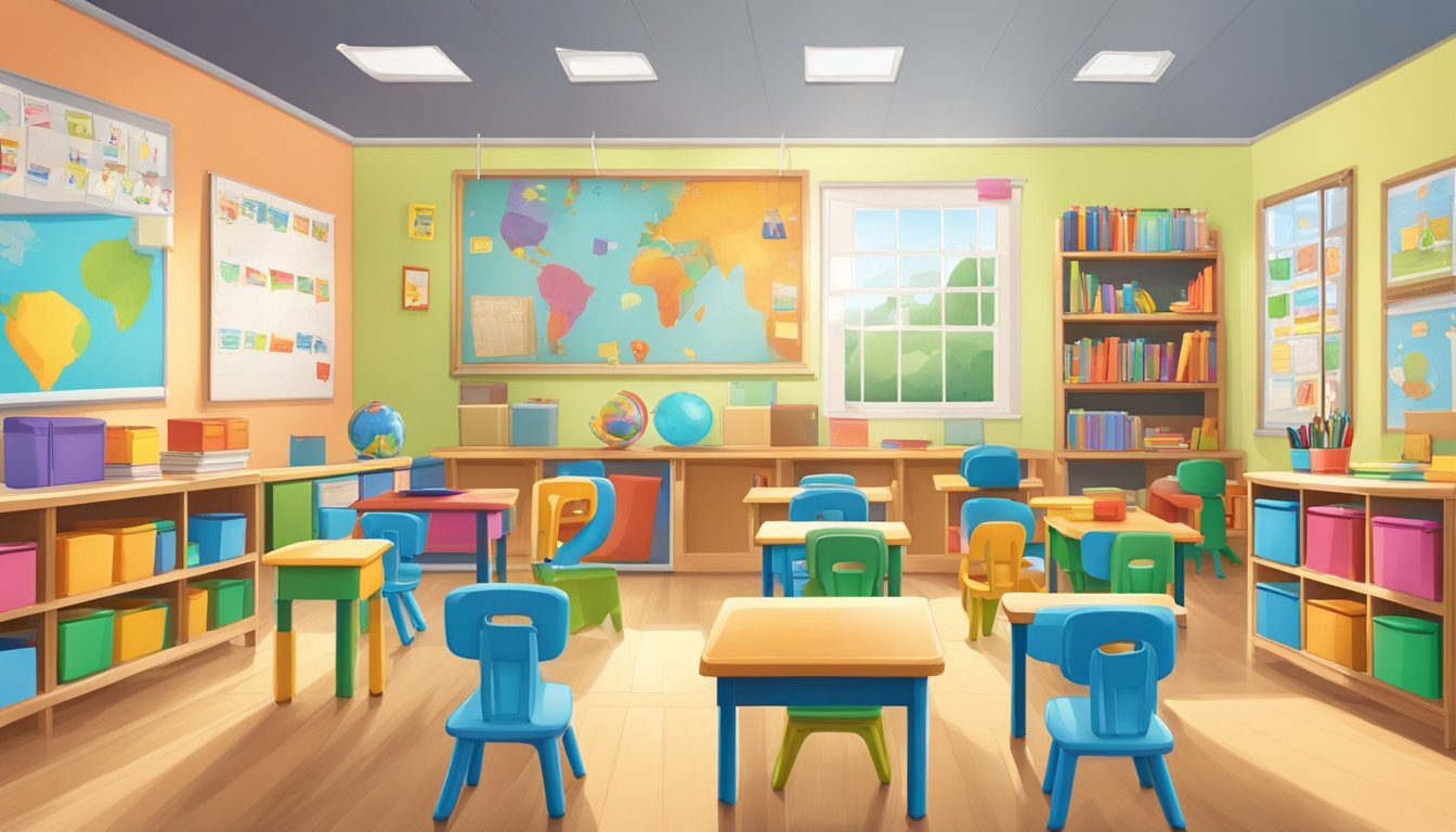 A colorful classroom with small chairs and tables, educational posters on the walls, and shelves filled with books and toys. A teacher's desk is at the front, with a whiteboard and alphabet chart