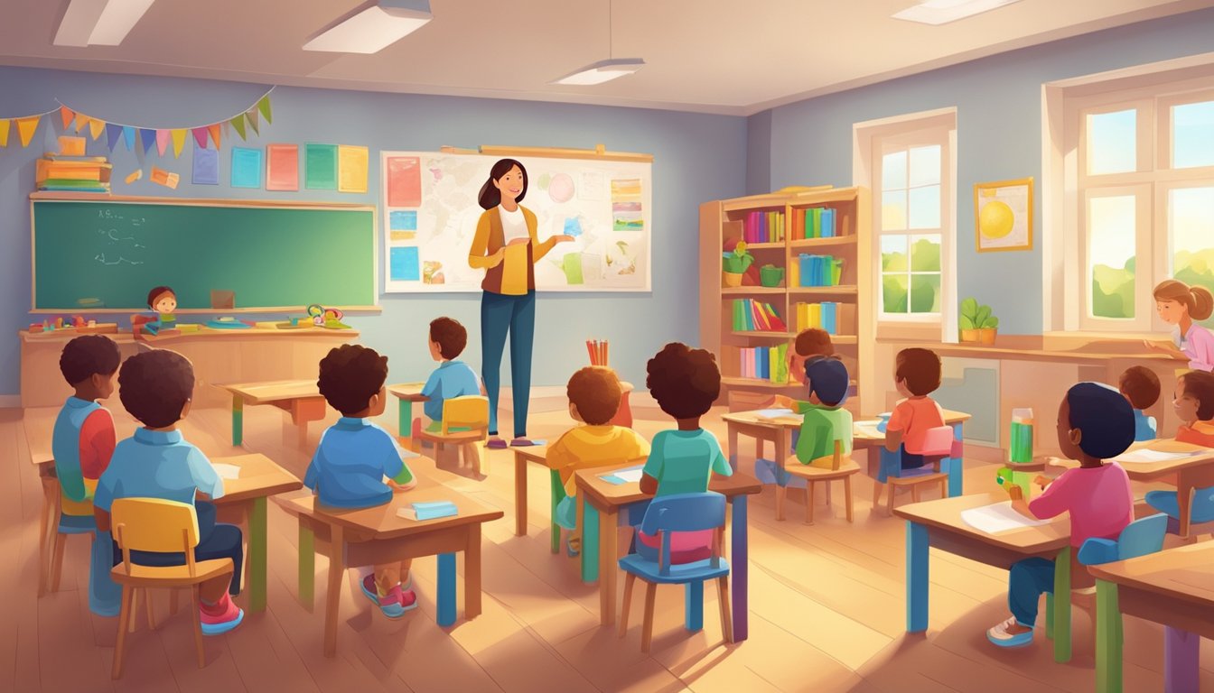 A classroom setting with colorful educational materials and toys, a teacher leading a group of young children in various learning activities
