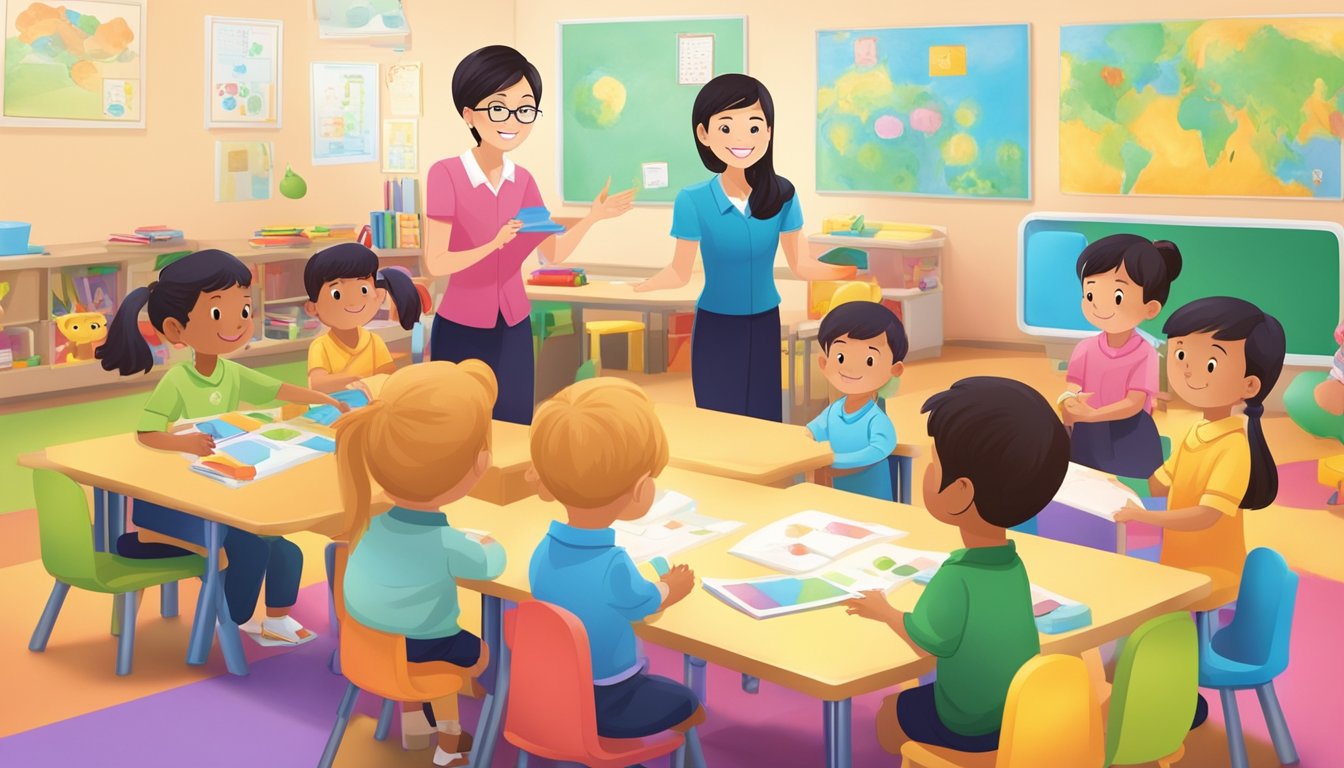 A preschool teacher in Singapore engages with young children in a colorful, interactive classroom setting, incorporating educational activities and fostering a nurturing learning environment