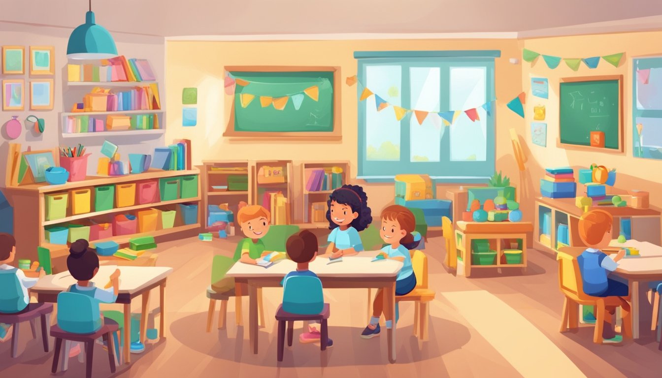 A classroom with colorful decor, small tables and chairs, educational toys, and a cozy reading corner. A teacher interacts with young children, engaging them in learning activities