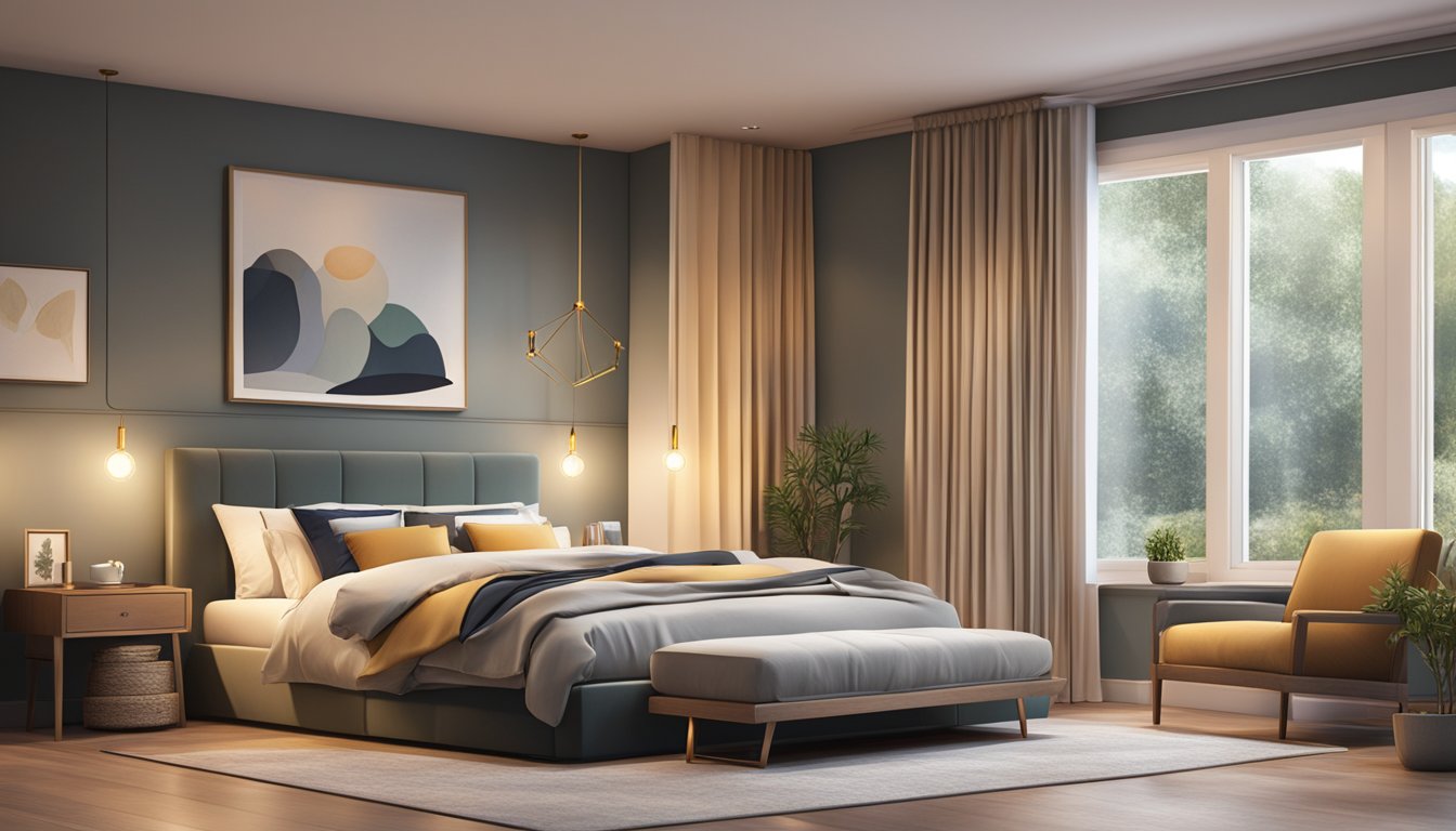 A cozy bedroom with a sleek divan bed frame, surrounded by modern decor and soft lighting, creating a warm and inviting atmosphere