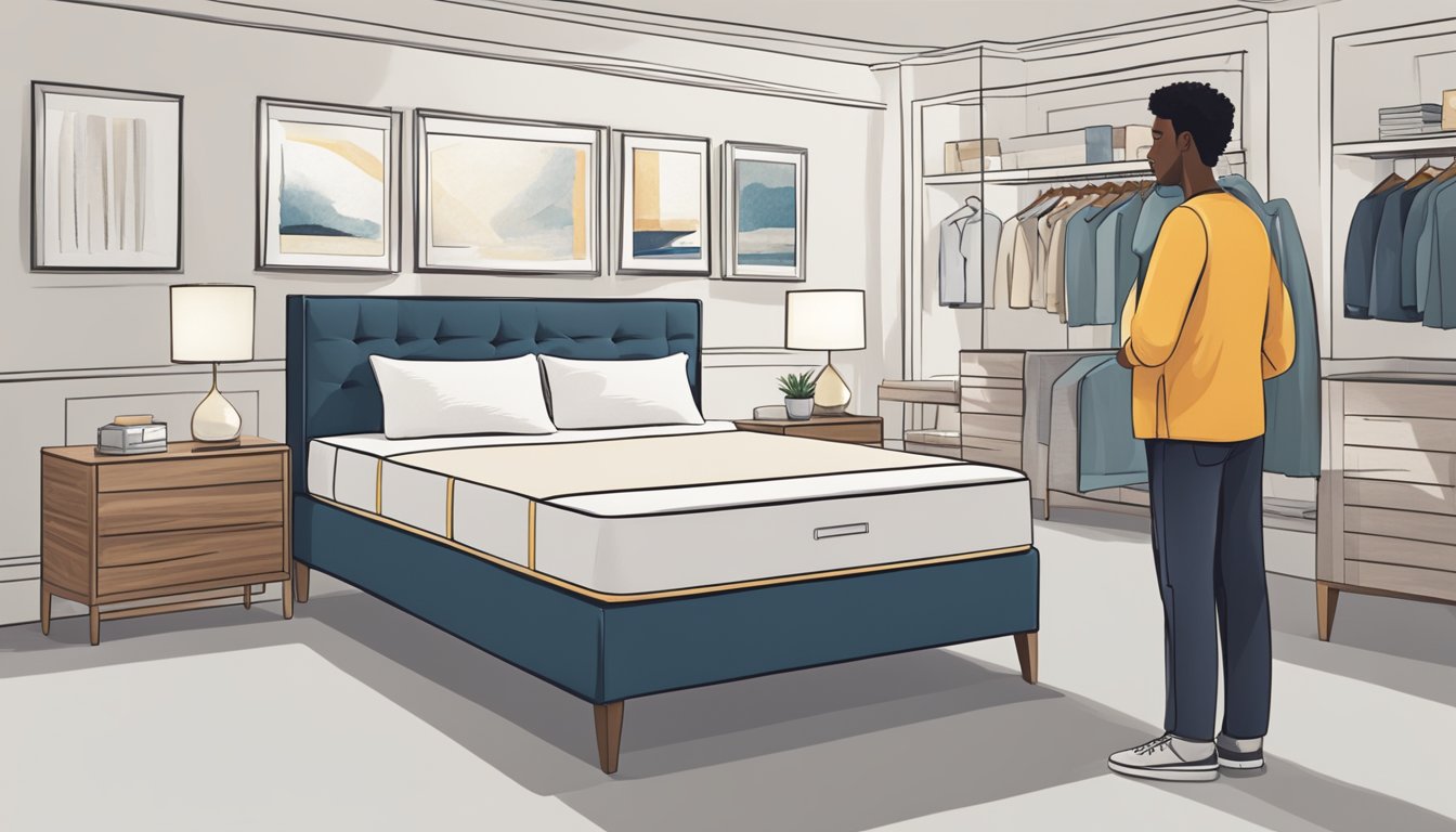 A person standing in a showroom, choosing a divan bed frame from a selection of options. The room is well-lit with modern furniture and decor