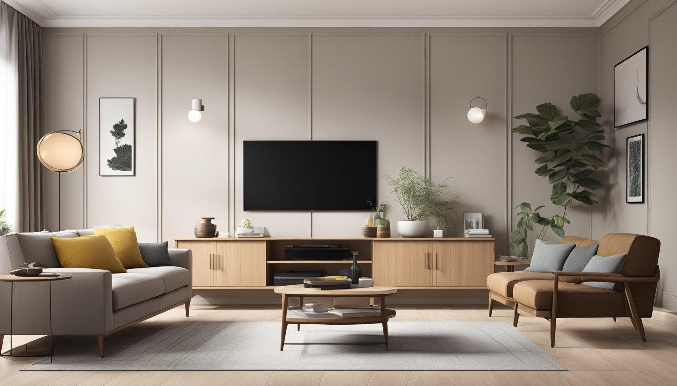 A modern living room with a sleek, solid wood TV console against a neutral-colored wall, with ample space for storage and cable management
