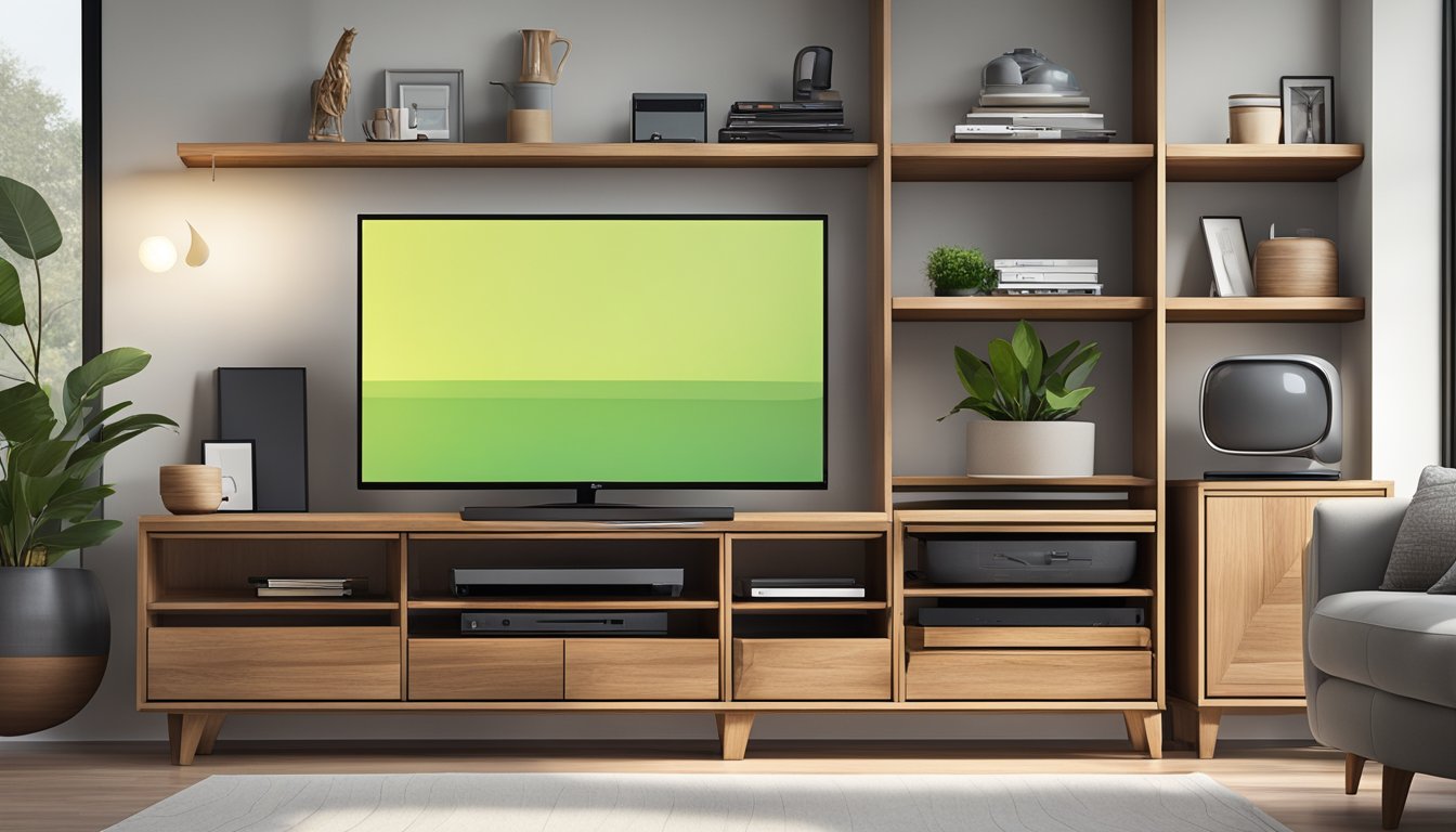 A solid wood TV console with clean lines and a sleek finish, surrounded by various electronic devices and cables, in a modern living room setting