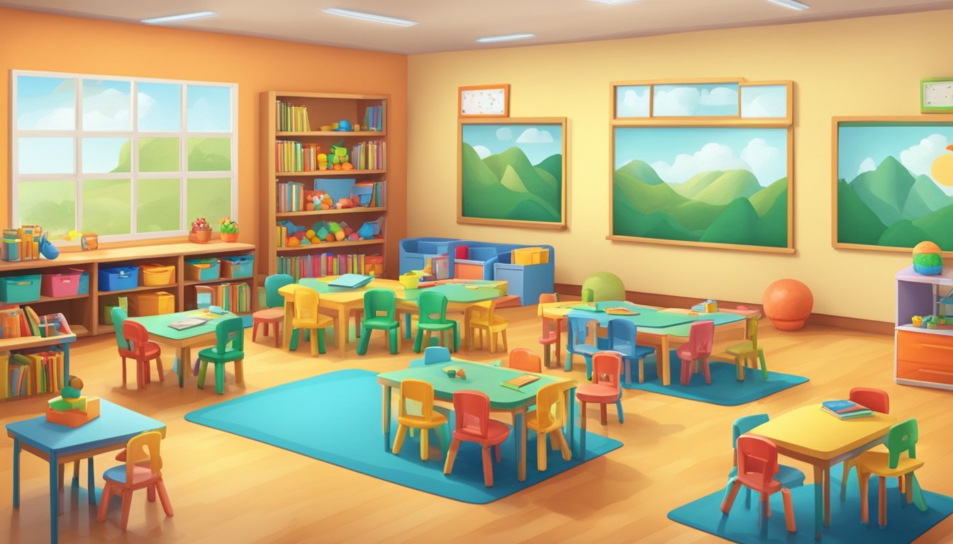 A colorful classroom with small tables and chairs, educational toys, and a cozy reading corner. A teacher interacts with young children, fostering a nurturing and stimulating learning environment