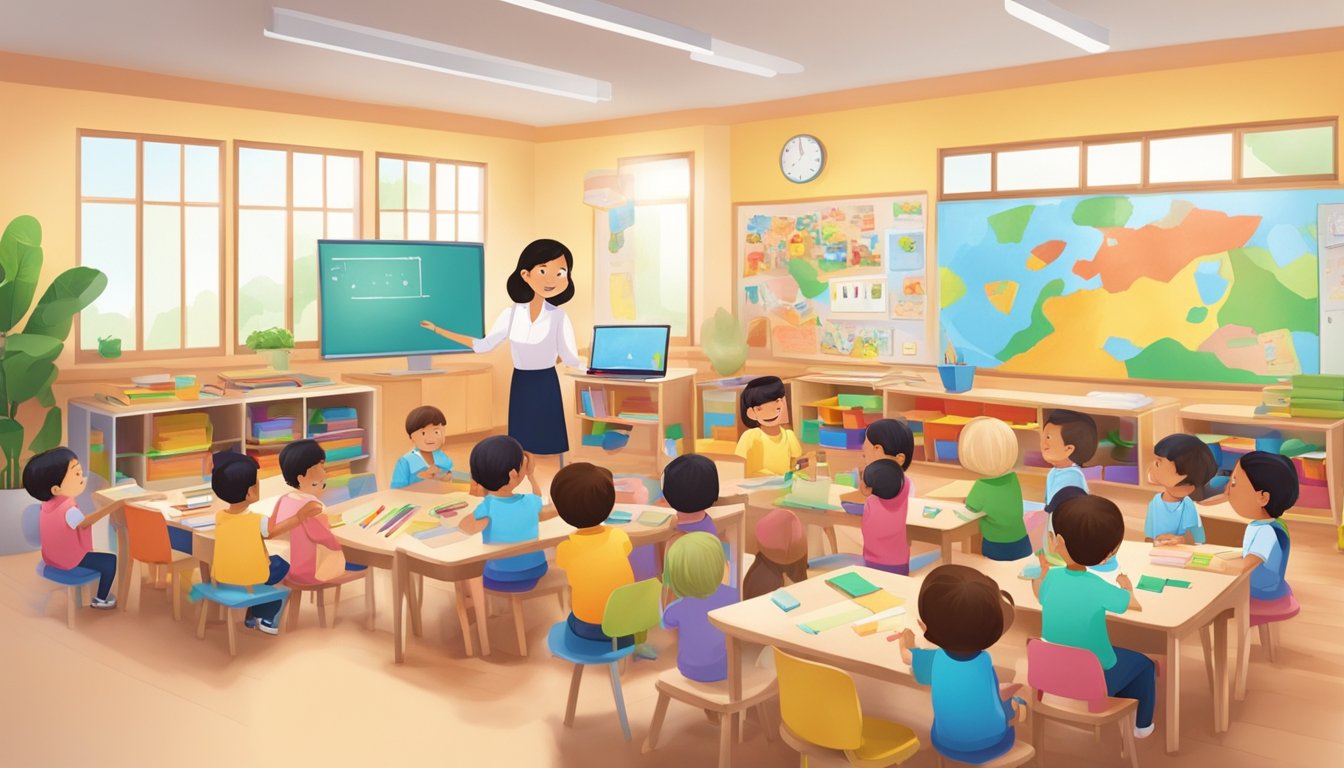 A colorful classroom with diverse learning materials and interactive teaching tools, surrounded by happy and engaged preschool students in Singapore
