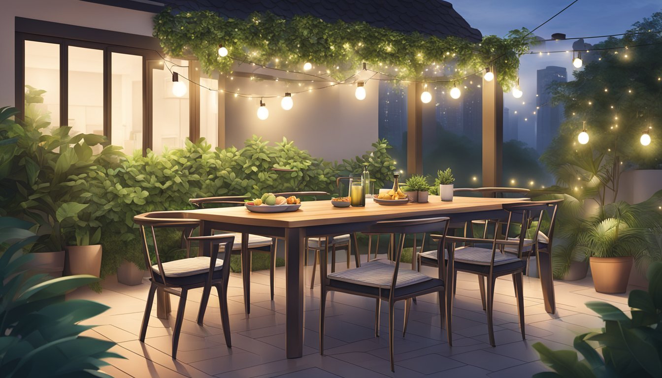 A cozy outdoor dining set in Singapore, with a sleek table and chairs, surrounded by lush greenery and twinkling string lights