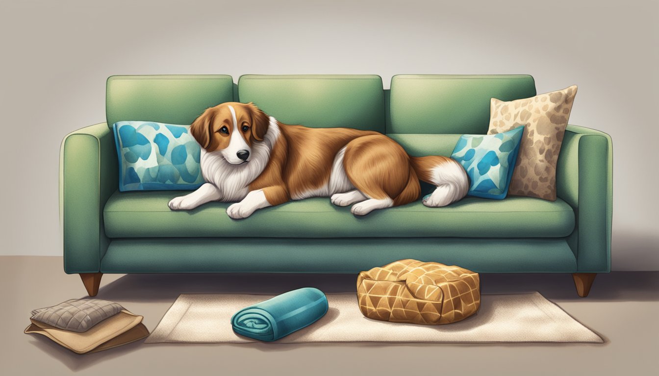 A cozy sofa with paw print pillows, a chew toy, and a pet blanket