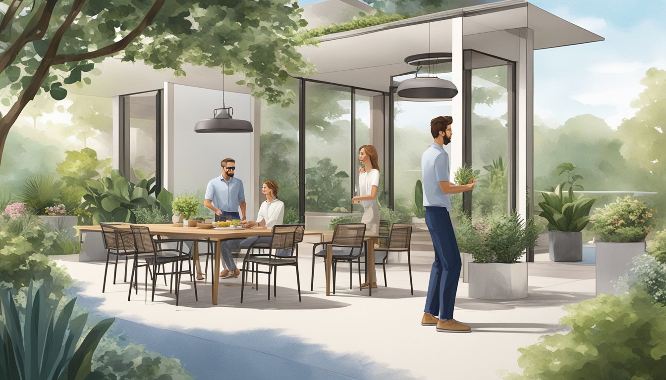 A couple stands in a spacious outdoor area, surrounded by lush greenery. They are carefully selecting the perfect outdoor dining set from a variety of options displayed in the showroom