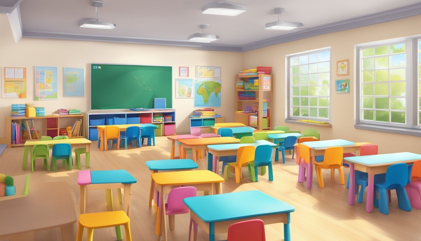 A classroom setting with colorful educational materials, small tables and chairs, and a welcoming environment for young children in Singapore